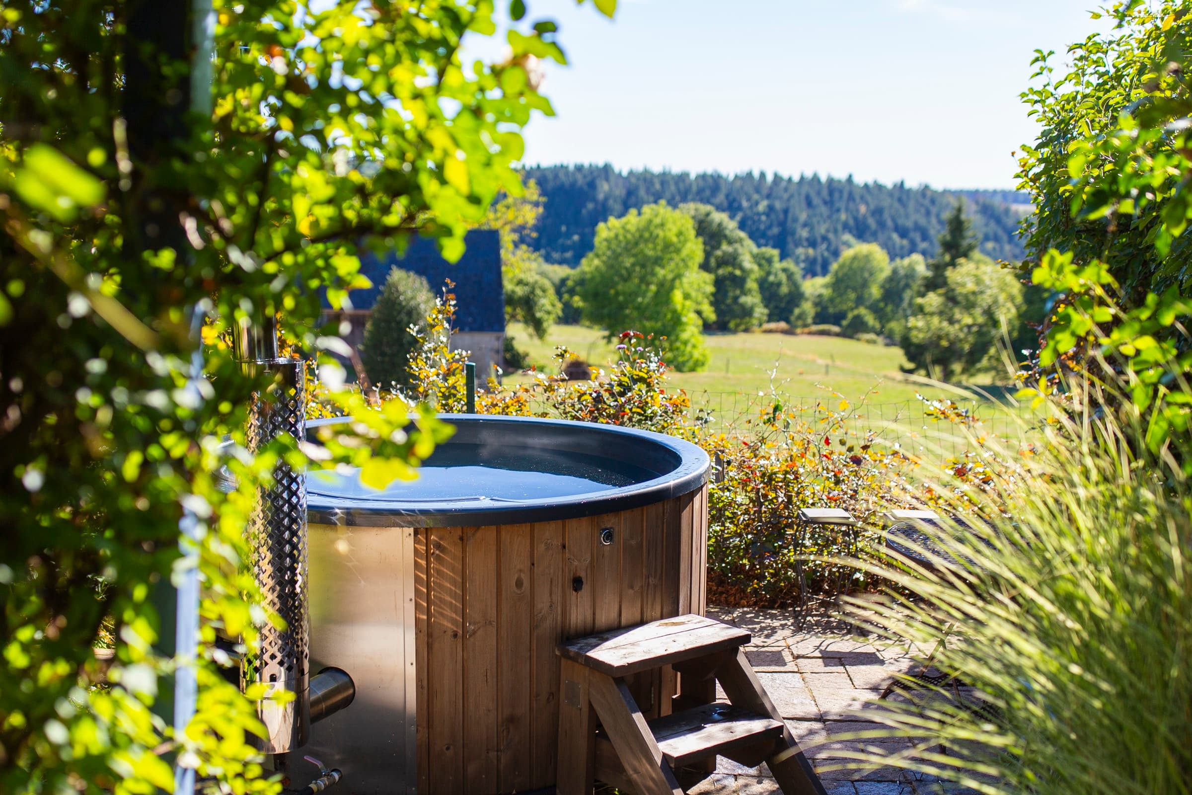 Le bain nordique vu de côté avec son marchepied en bois, encadré de feuillage, devant la prairie et la forêt.