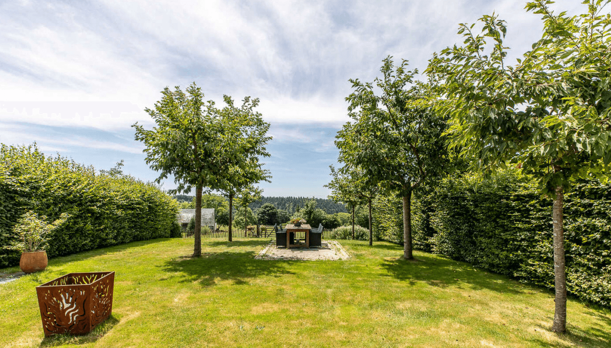 Pelouse, arbres et coin repas extérieur au cœur du domaine