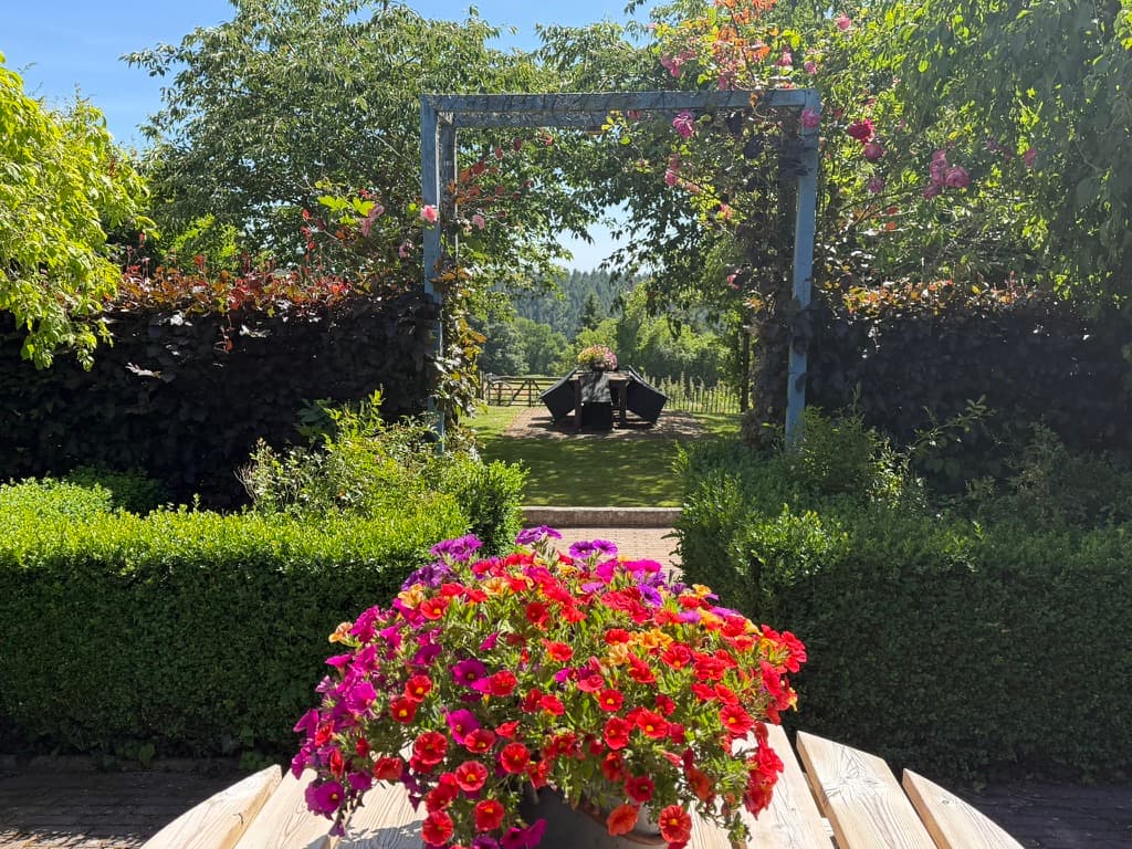 Allée du jardin bordée de rosiers et de massifs fleuris, pergola et coin repas au loin