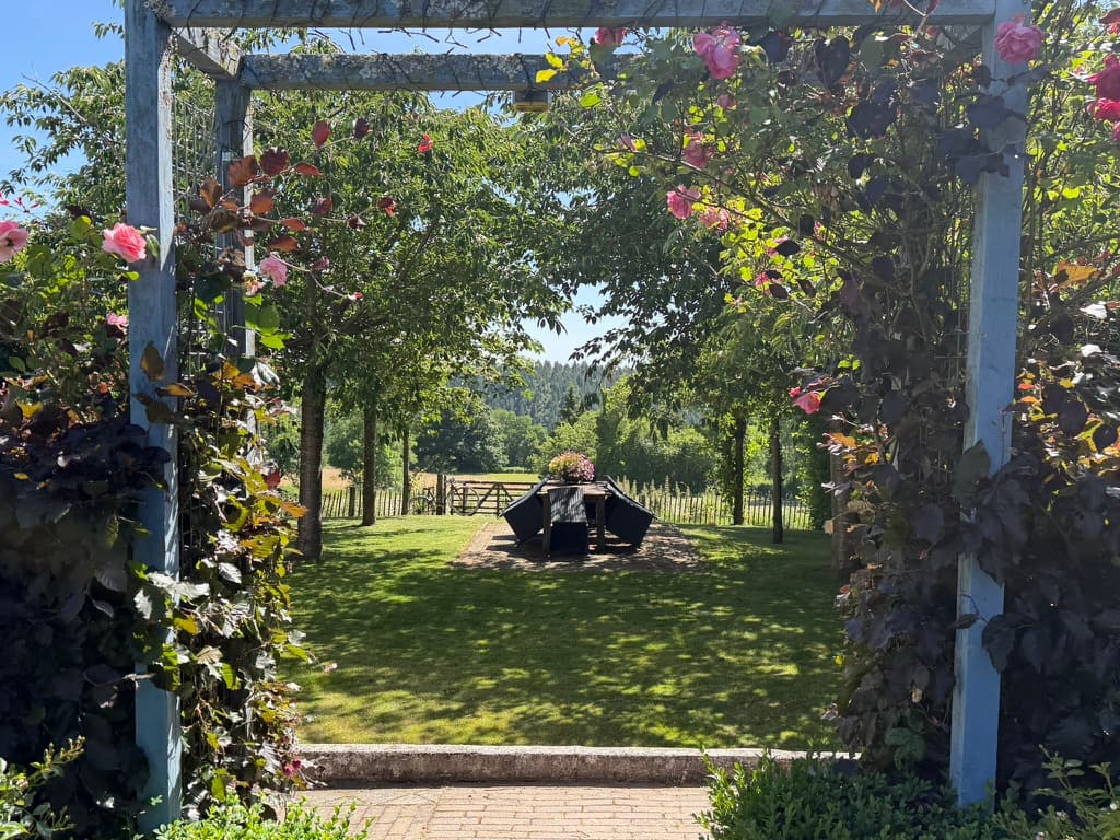 Salon de jardin sous pergola fleurie de roses, vue sur la campagne au Domaine des Roses